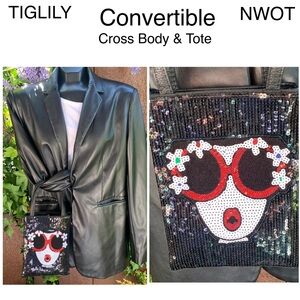 NWOT ⭐️ Convertible Sequin Crossbody/Tote - Black, STELLA’s twin, Vegan leather